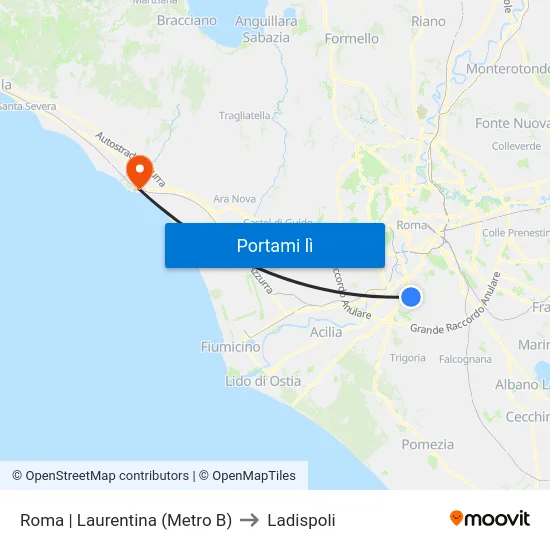 Roma | Laurentina (Metro B) to Ladispoli map