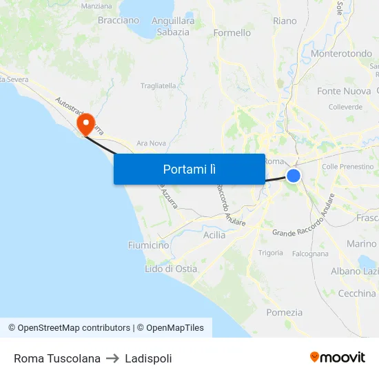 Roma Tuscolana to Ladispoli map