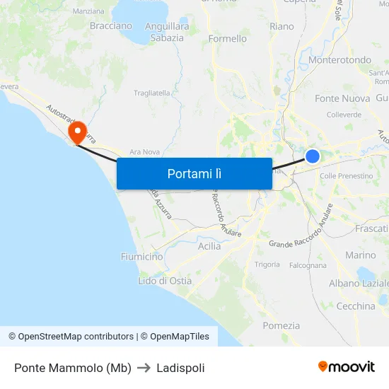 Ponte Mammolo (Mb) to Ladispoli map
