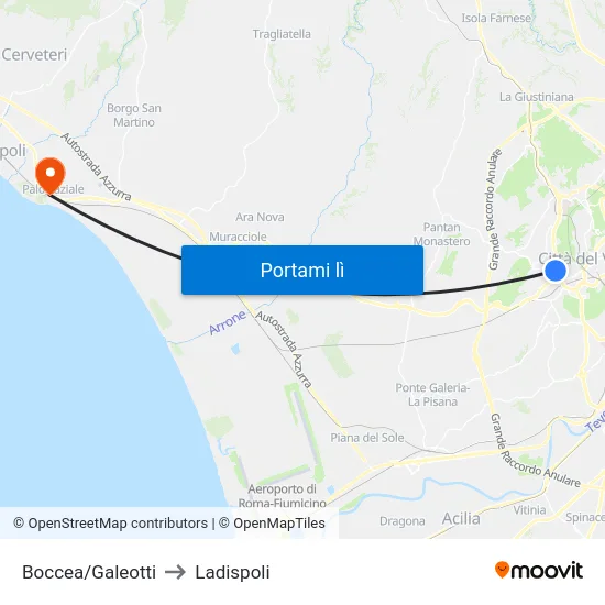 Boccea/Galeotti to Ladispoli map