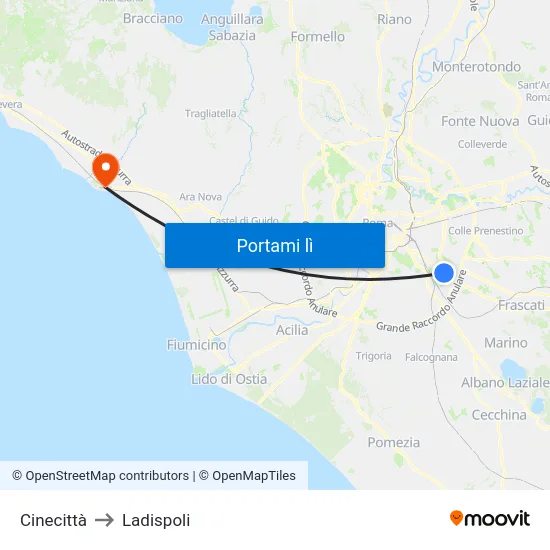 Cinecittà to Ladispoli map