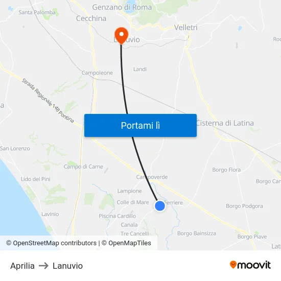 Aprilia to Lanuvio map