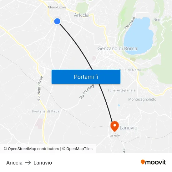 Ariccia to Lanuvio map