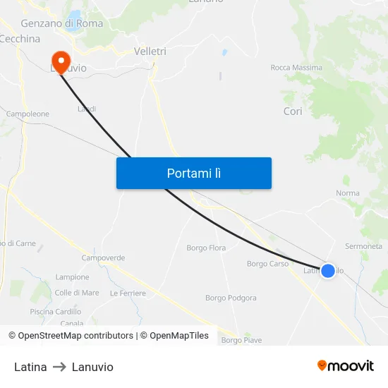 Latina to Lanuvio map