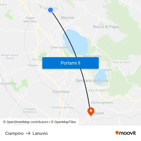 Ciampino to Lanuvio map