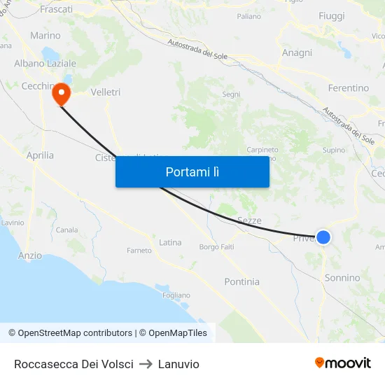 Roccasecca Dei Volsci to Lanuvio map