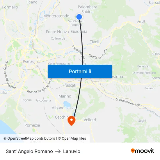 Sant' Angelo Romano to Lanuvio map