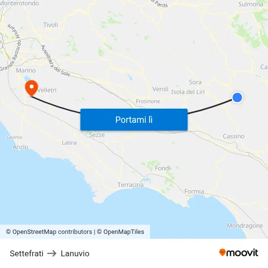 Settefrati to Lanuvio map