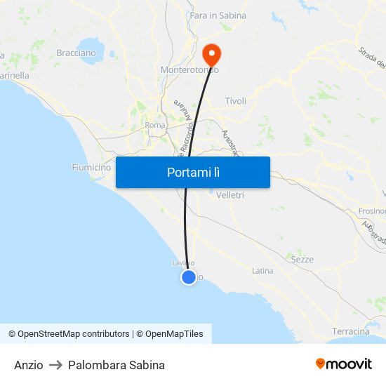 Anzio to Palombara Sabina map