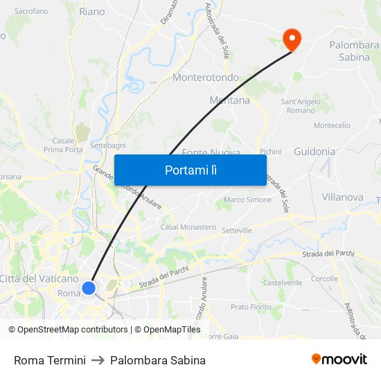 Roma Termini to Palombara Sabina map
