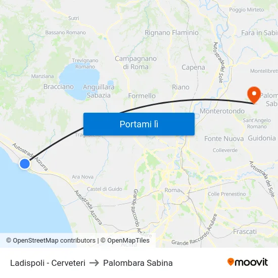 Ladispoli-Cerveteri to Palombara Sabina map
