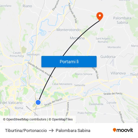 Tiburtina/Portonaccio to Palombara Sabina map