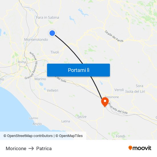 Moricone to Patrica map
