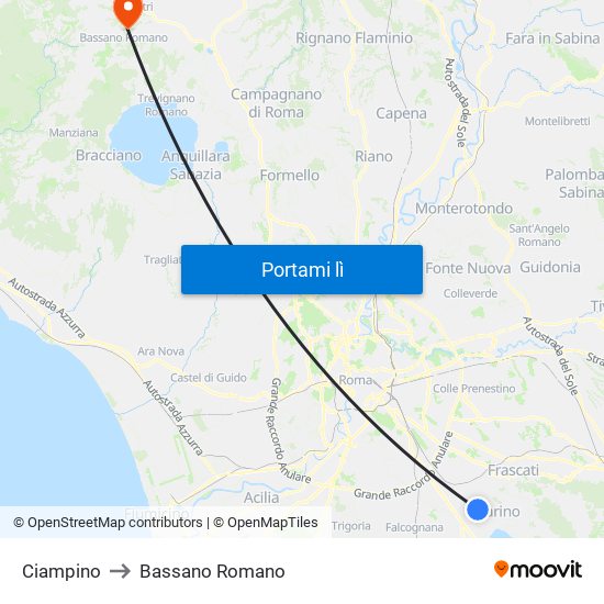 Ciampino to Bassano Romano map