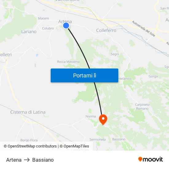 Artena to Bassiano map