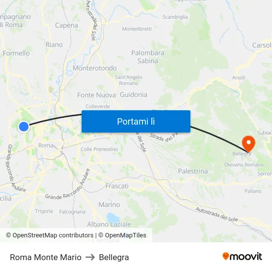 Roma Monte Mario to Bellegra map