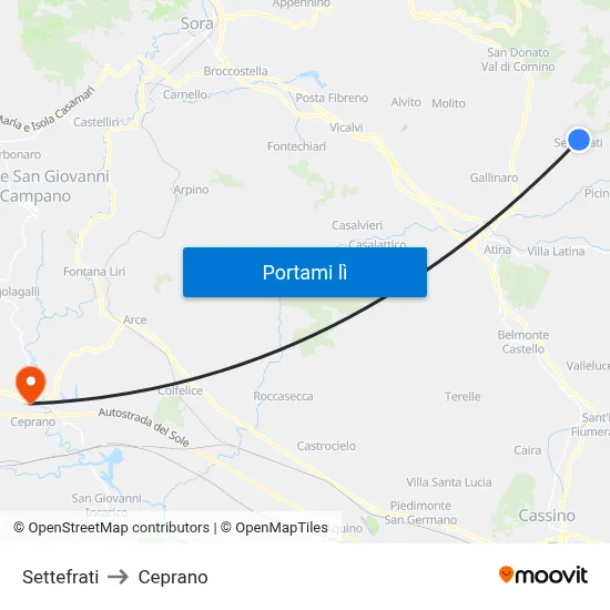 Settefrati to Ceprano map