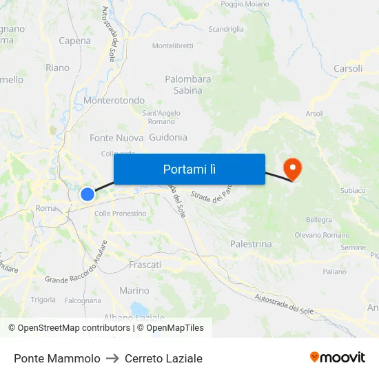 Ponte Mammolo to Cerreto Laziale map