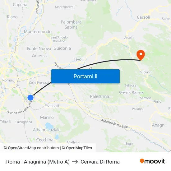 Roma | Anagnina (Metro A) to Cervara Di Roma map