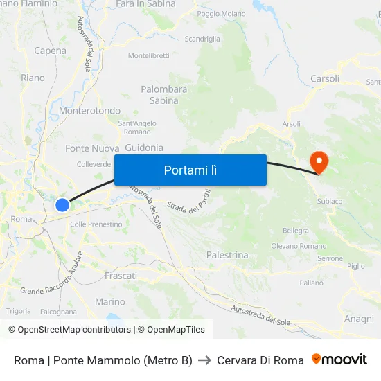 Roma | Ponte Mammolo (Metro B) to Cervara Di Roma map