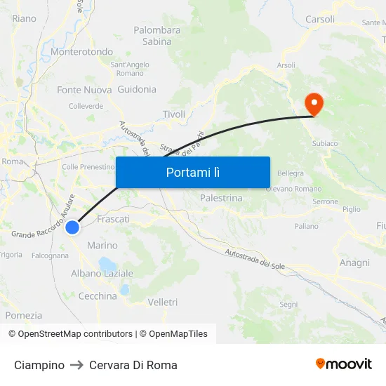 Ciampino to Cervara Di Roma map