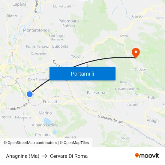 Anagnina (Ma) to Cervara Di Roma map