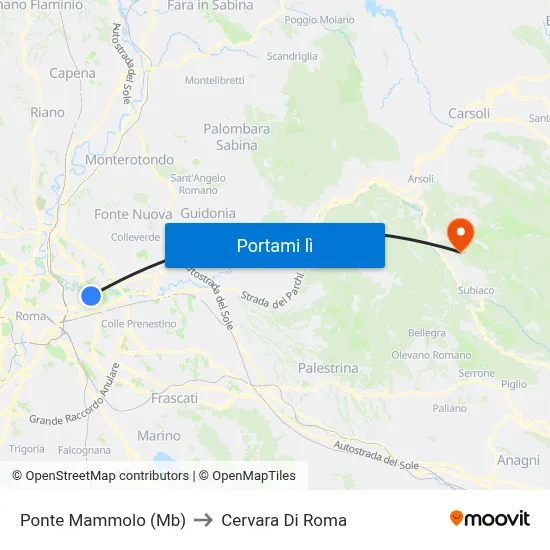 Ponte Mammolo (Mb) to Cervara Di Roma map