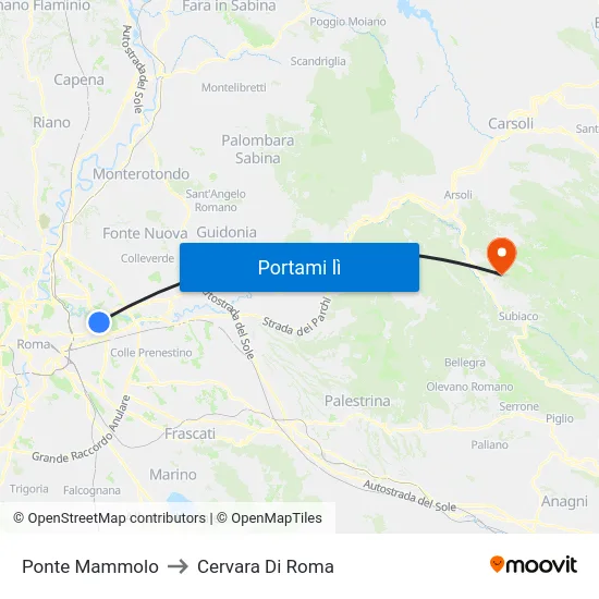 Ponte Mammolo to Cervara Di Roma map