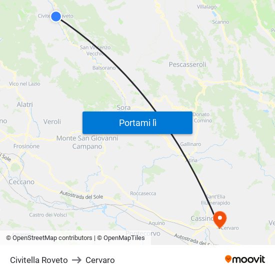 Civitella Roveto to Cervaro map