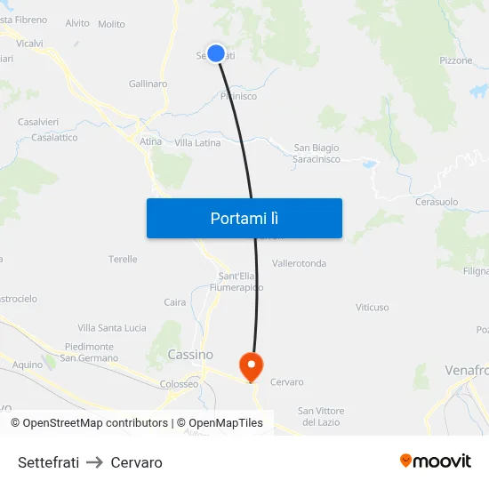 Settefrati to Cervaro map