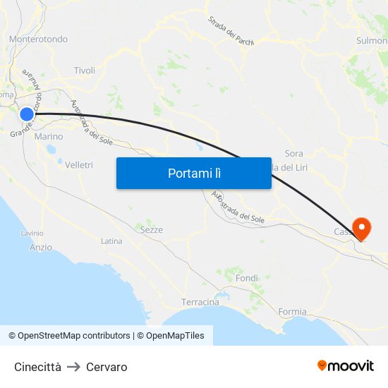 Cinecittà to Cervaro map