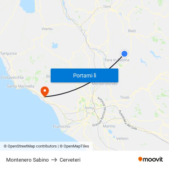 Montenero Sabino to Cerveteri map