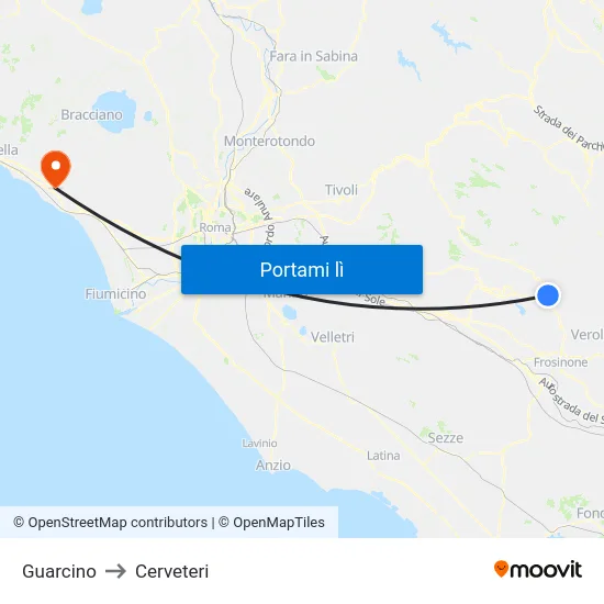 Guarcino to Cerveteri map