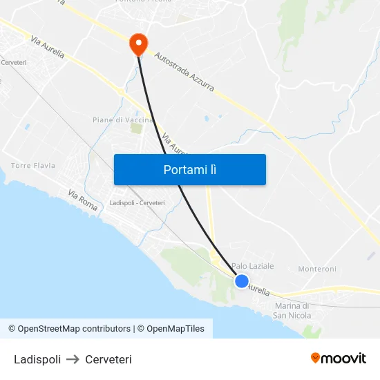 Ladispoli to Cerveteri map