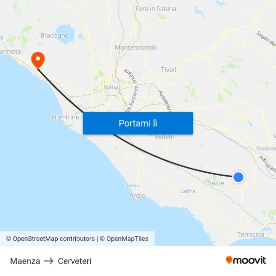 Maenza to Cerveteri map