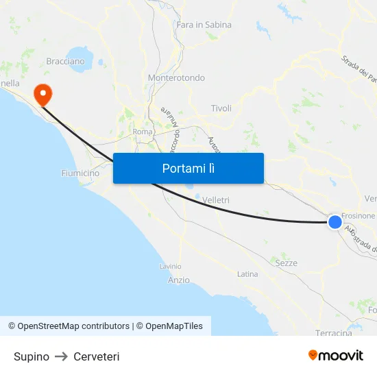 Supino to Cerveteri map