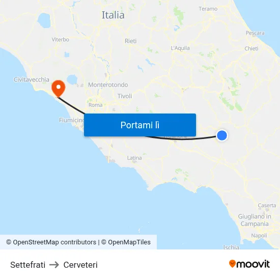 Settefrati to Cerveteri map