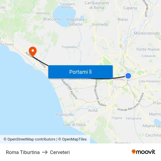 Roma Tiburtina to Cerveteri map