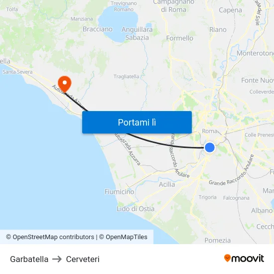 Garbatella to Cerveteri map