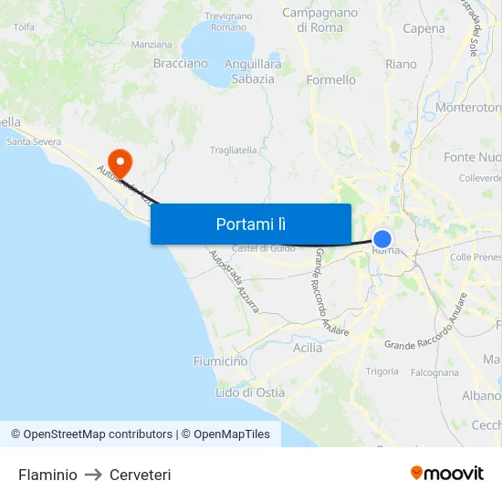 Flaminio to Cerveteri map