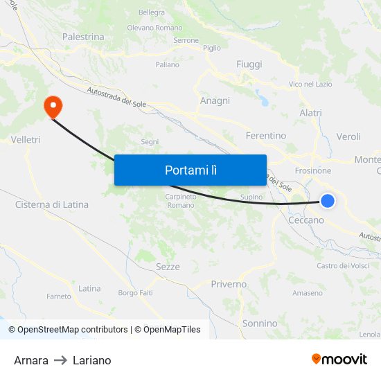 Arnara to Lariano map