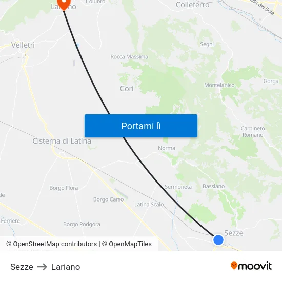 Sezze to Lariano map