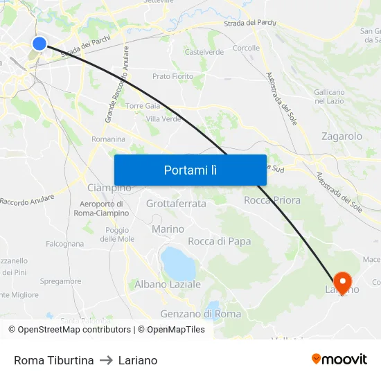 Roma Tiburtina to Lariano map