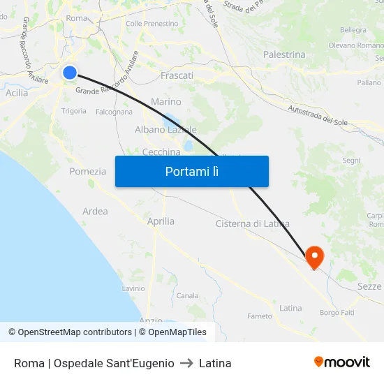 Roma | Ospedale Sant'Eugenio to Latina map
