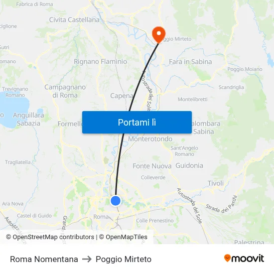 Roma Nomentana to Poggio Mirteto map