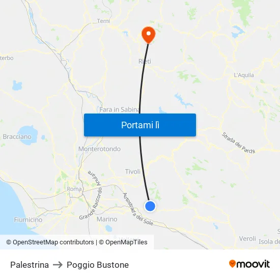 Palestrina to Poggio Bustone map