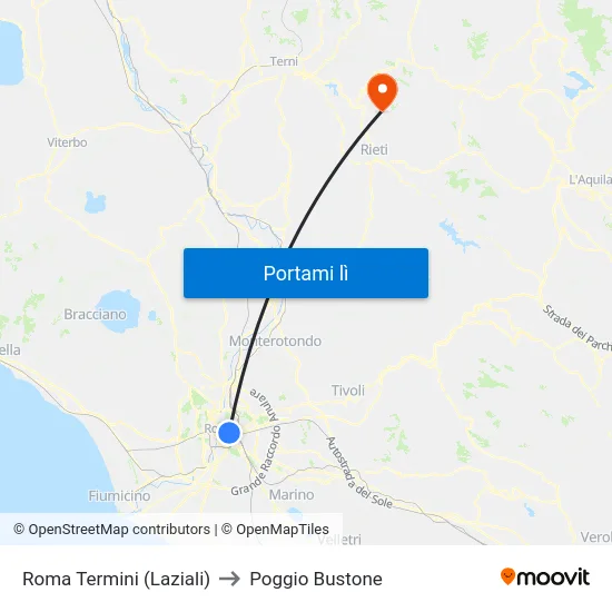 Roma Termini (Laziali) to Poggio Bustone map