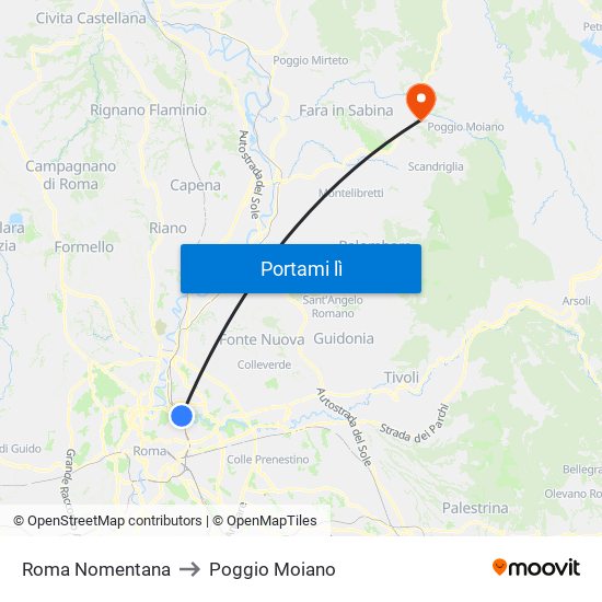 Roma Nomentana to Poggio Moiano map