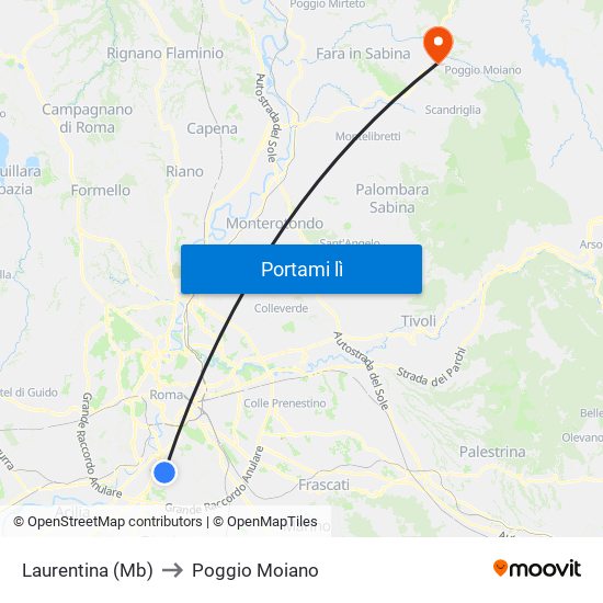 Laurentina (Mb) to Poggio Moiano map