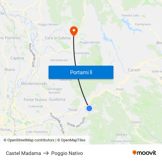 Castel Madama to Poggio Nativo map